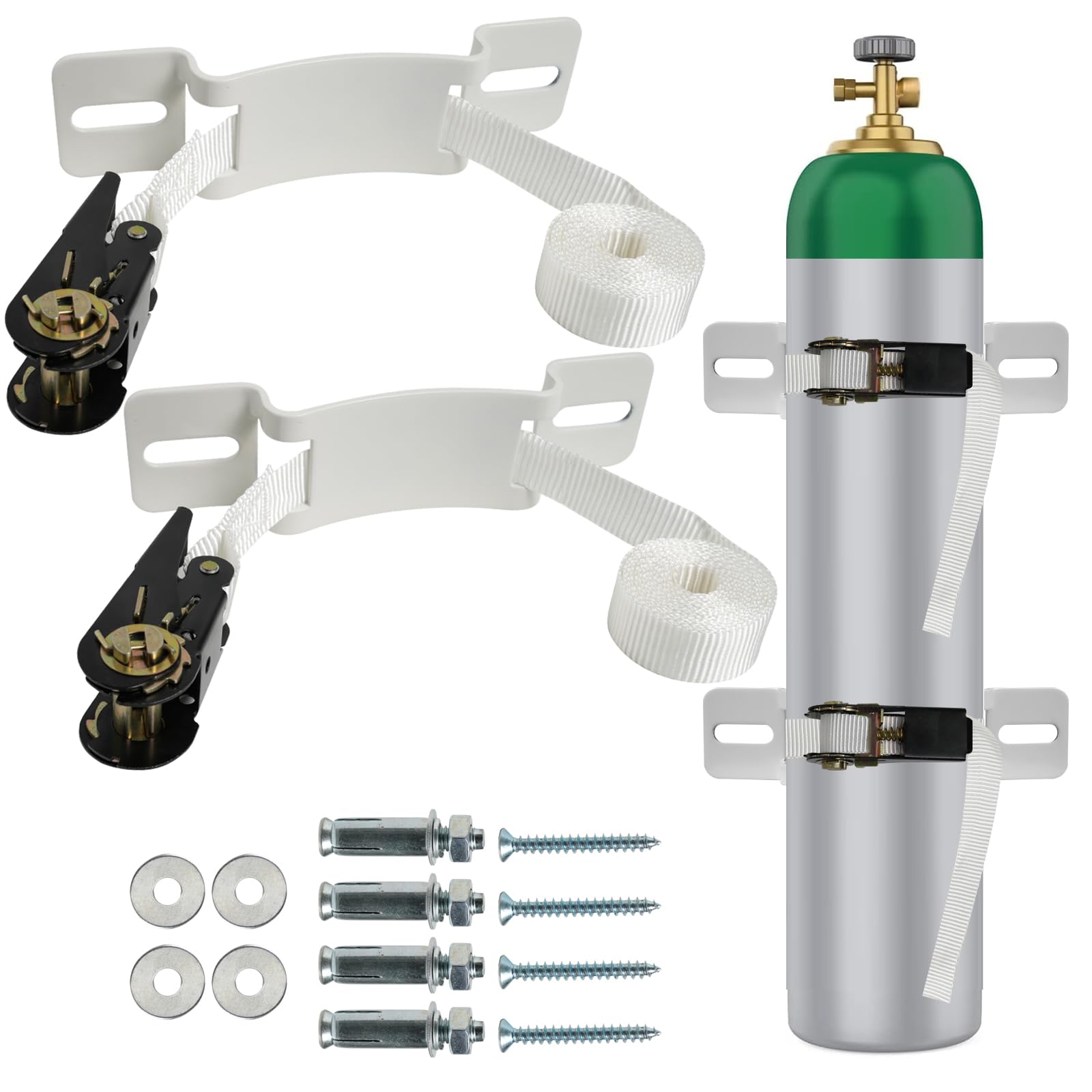 2 soportes para tanque de propano montado en la pared, con correas de trinquete de 6.5 pies, soporte de cilindro de gas de acero, soporte de tanque de nitrógeno resistente (blanco)