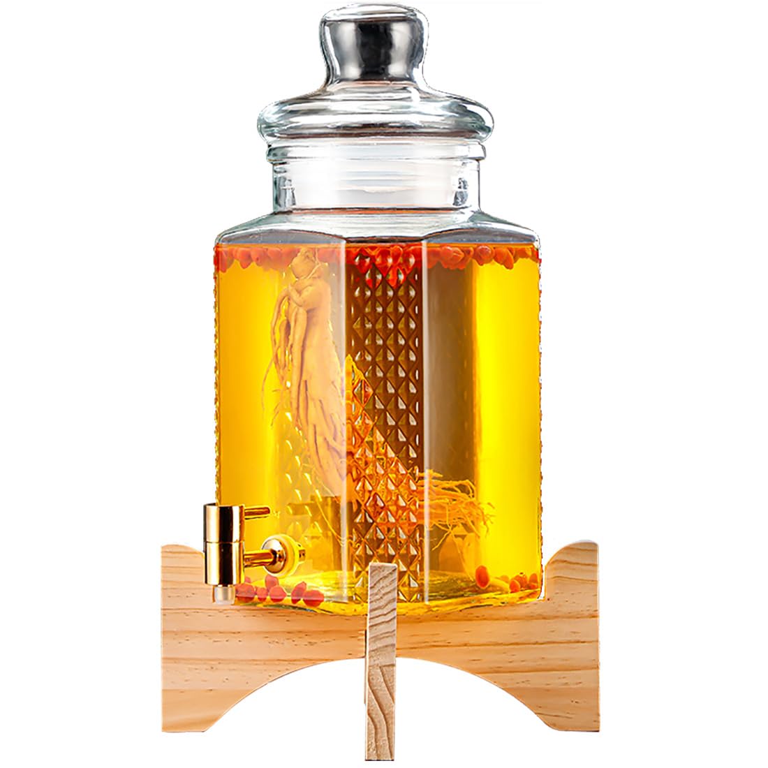 AYCDL 5L Glass Beverage Drink Dispenser with Stainless Steel Spigot Leakproof Cold Drink Juice Container Large Capacity Water Dispenser with Dustproof Glass,5l-copper Spigot-High Wood Base