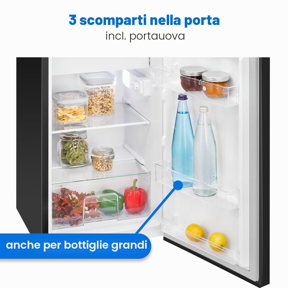 Frigorifero Bomann® con scomparto congelatore, 91L, Frigorifero compatto, 2 ripiani, Cassetto per verdure, Cerniera della porta reversibile, 0°~ 8°C, Mini frigorifero,