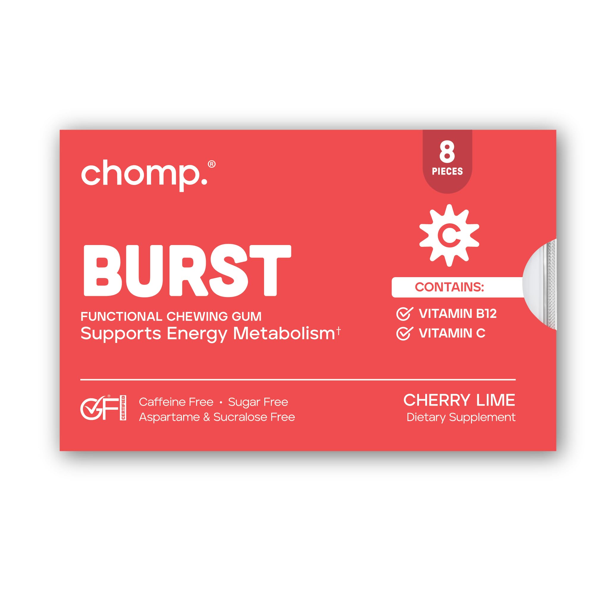 Chomp Burst – Gums - Healthy Chewing Gum – Caffeine Free - Vitamin B12 + Vitamin C – Energy Support for Women & Men – Cherry Lime Flavor – Gluten Free – Sugar Free – Aspartame Free - Sucralose Free