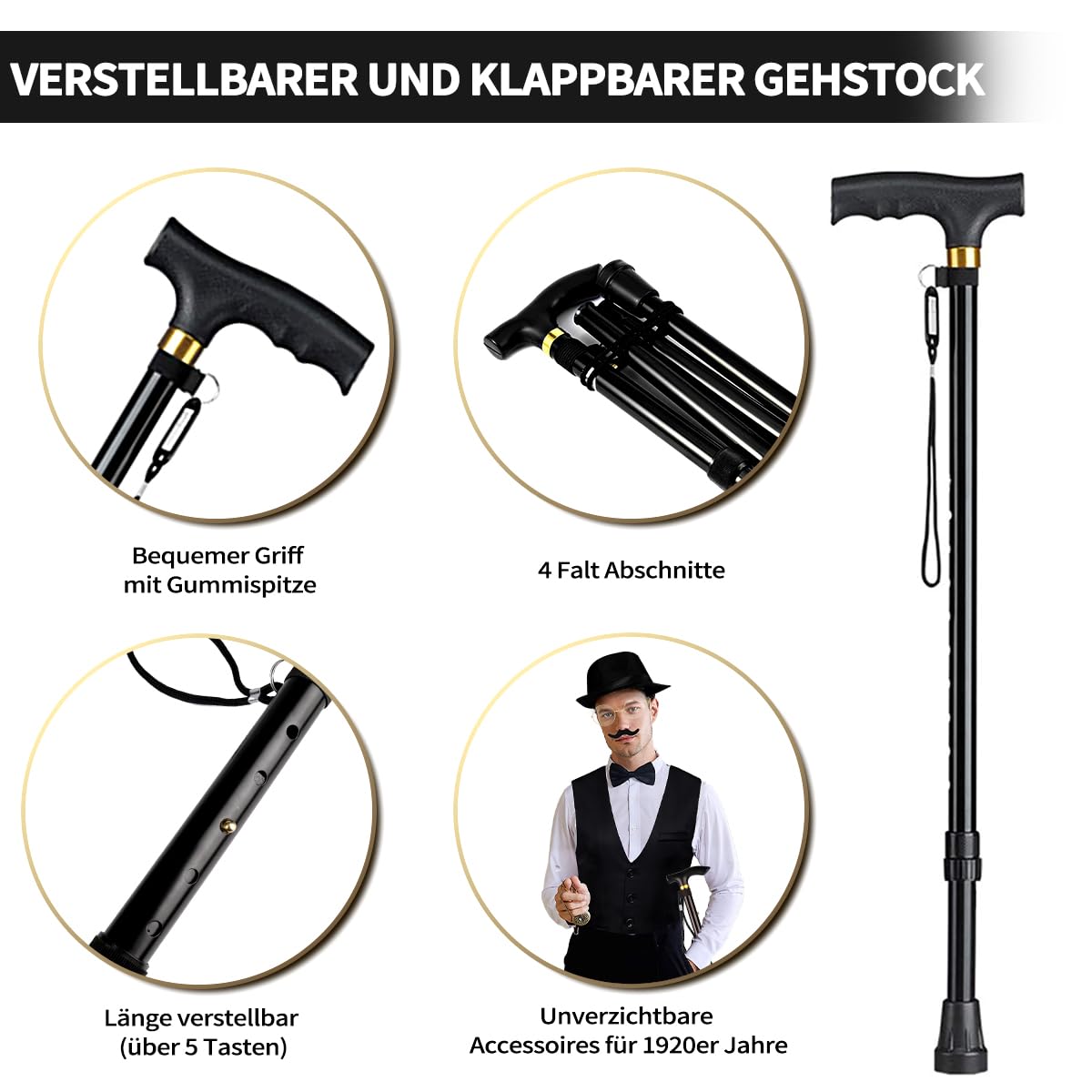 WILDPARTY Disfraz de los años 20 para hombre, chaleco con accesorios, muleta plegable, reloj de bolsillo, gafas de barba, corbata, pajarita, para disfraz de mafia de los años 20, gángster, Peaky