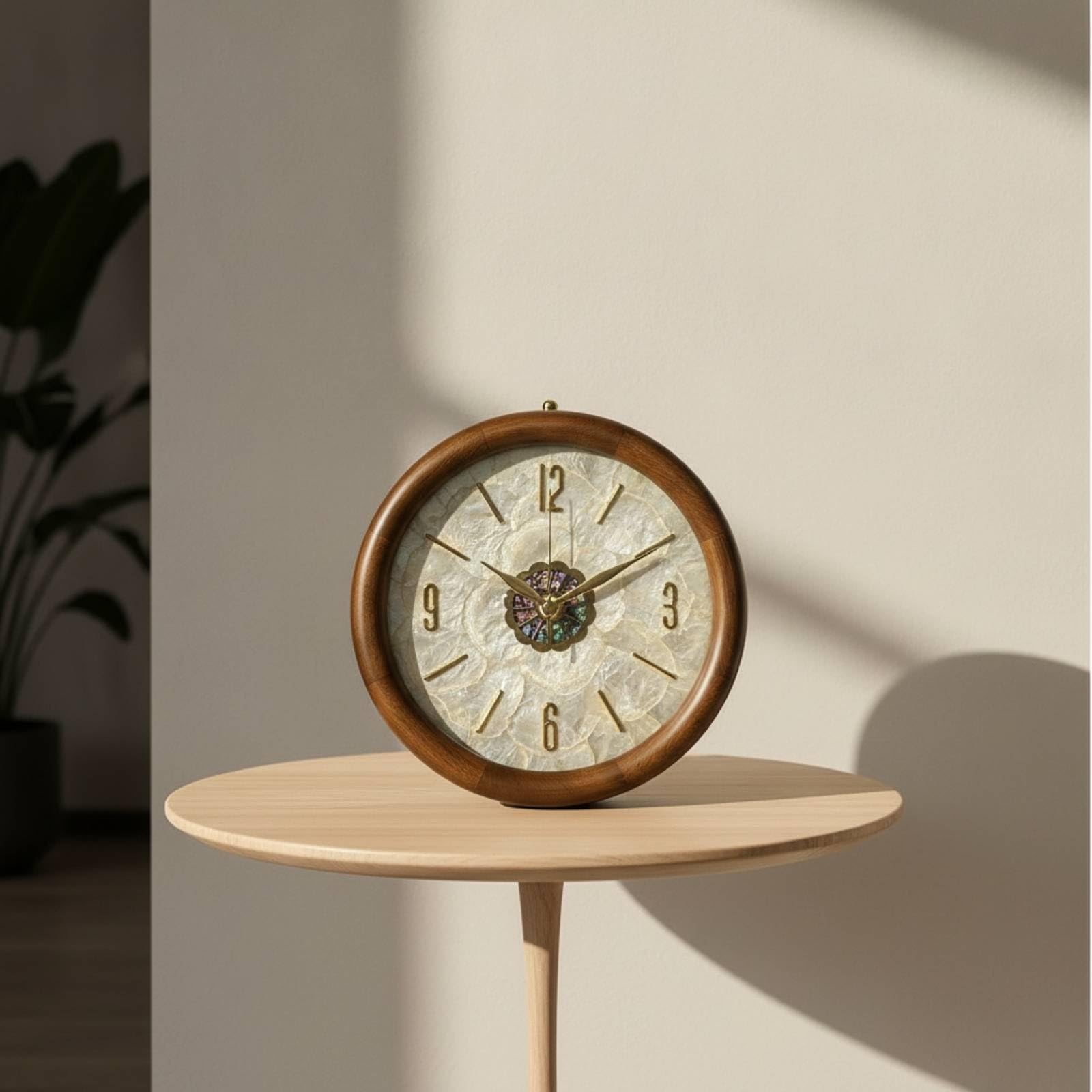 Baoblaze Reloj de Mesa Redondo Reloj Decorativo Reloj de Reloj de Estantería con Marco de Vetado de Madera y Esfera Nacarada con Números en Relieve Adecuado, Style to 1
