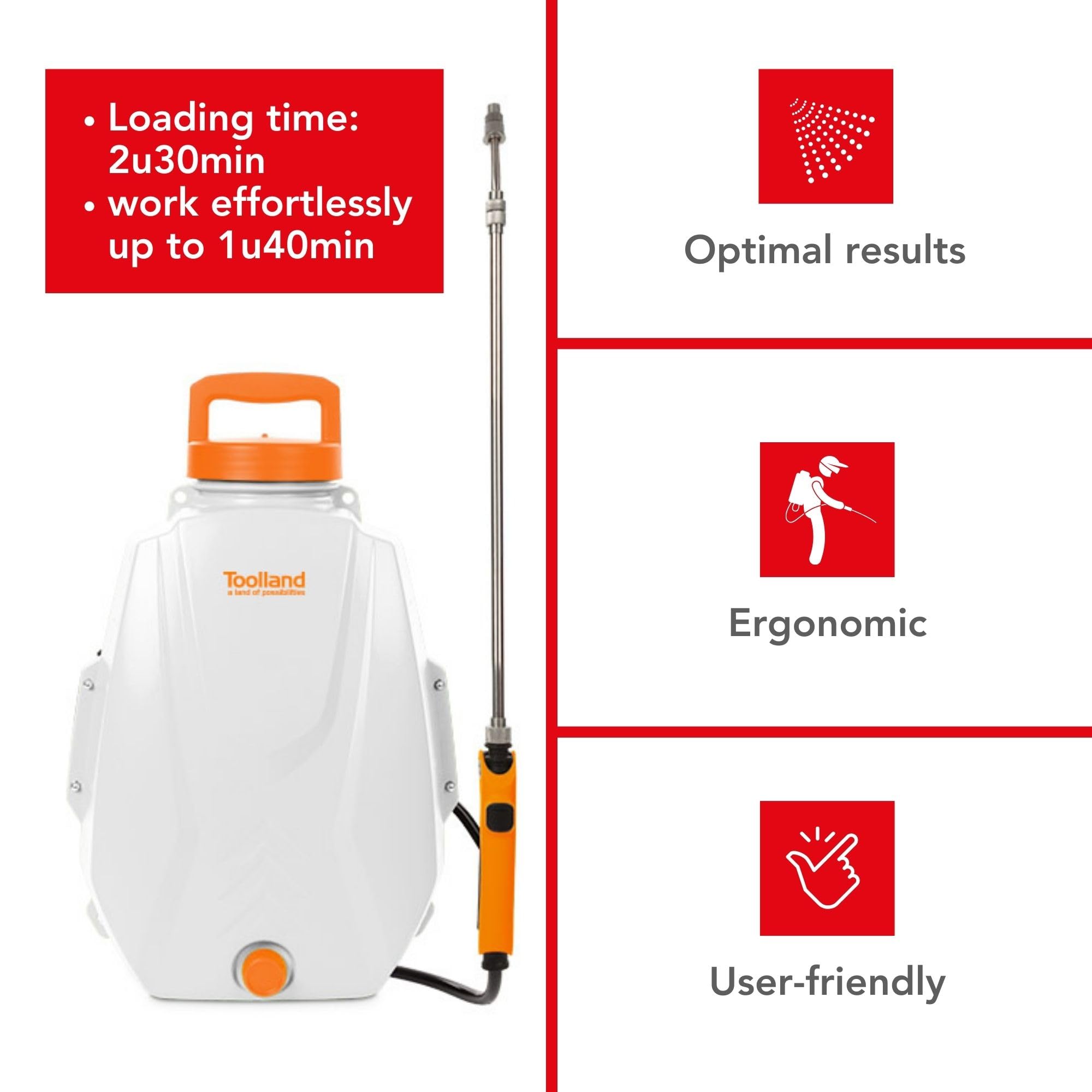 Toolland Pulverizador de presión/rociador Posterior, batería eléctrica, Recargable, Lanza telescópica, Boquilla Ajustable, Correa Acolchada, 12 litros, Blanco/Naranja/negror