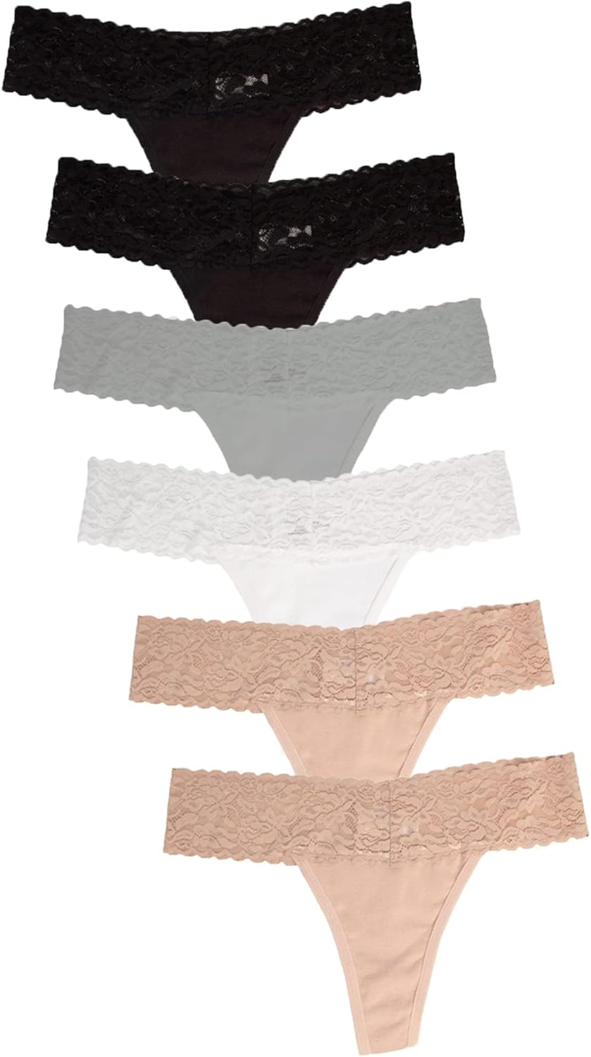 Jo & Bette Lace Thongs for Women - 6 or 12 Pack Low Rise Thongs - Lace Panties Cotton Underwear Women Sexy No Show Soft