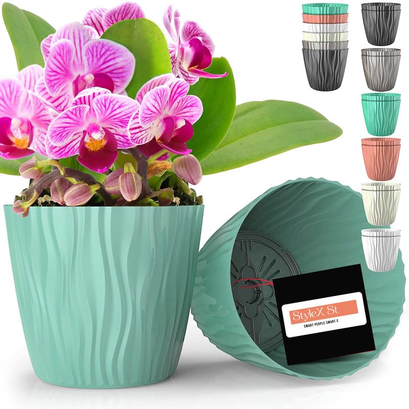 Image of StyleX Store Plastic Round Flower Pots with Drainage Hole Saucers | Durable Outdoor Indoor Wave Pattern Planters with Tray | Plant Container for Balcony, Garden, and Home (Set of 5, Green Pale Teal)