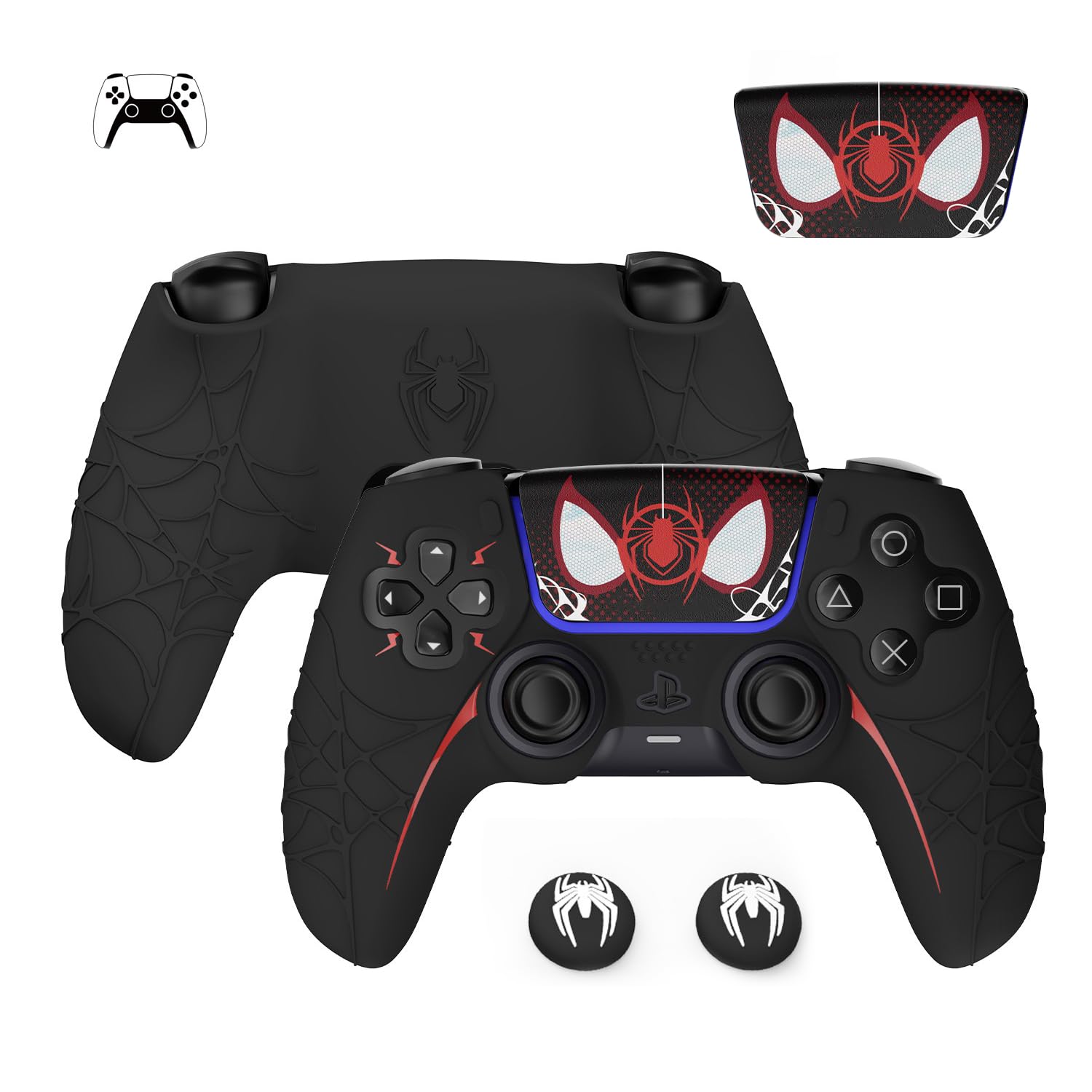Ps5 Controller Skin Xhiver Ps5 Controllers Cover with Anti-Slip Grip Touch Pad Stickers Thumb Grips Spider-Inspired Design for