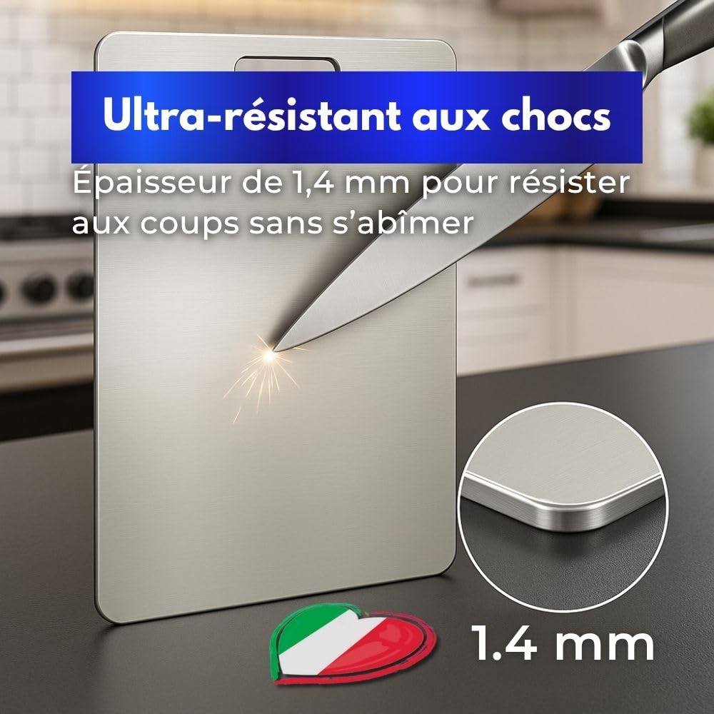 INOXLM Planche à découper en acier inoxydable alimentaire 39 x 28 cm adapté à Haccp, planche à découper de cuisine professionnelle double face et résistante, planche à découper en acier pour cuisine