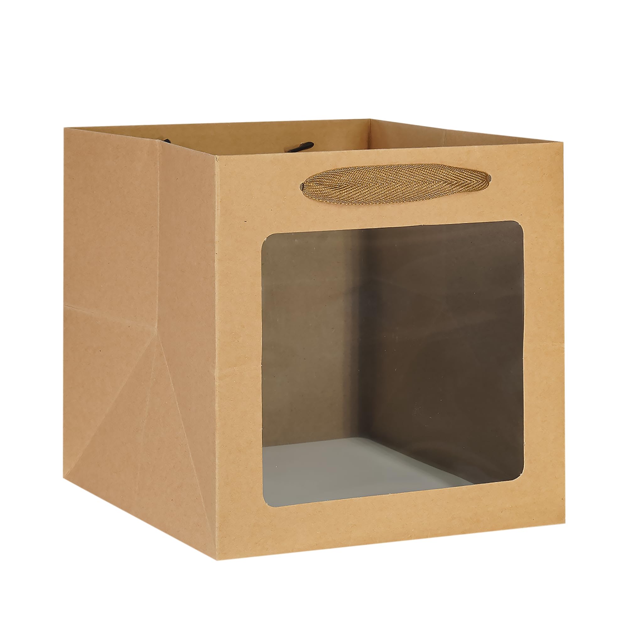 KEYYOOMY Brown Square Kraft Paper Gift Bags with Window- Small Square Bottom Gift Bag with Handles Party Favor Bag for Wedding Party Birthday