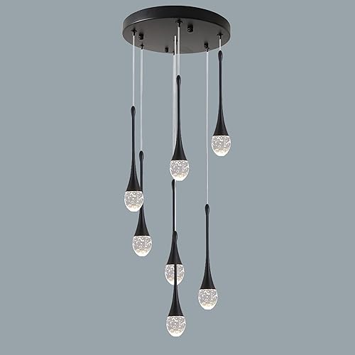 Moderno candelabro de cristal de 7 luces, color negro, H60 pulgadas, techo alto, espiral, regulable, LED, burbuja, gota de lluvia, lámpara para