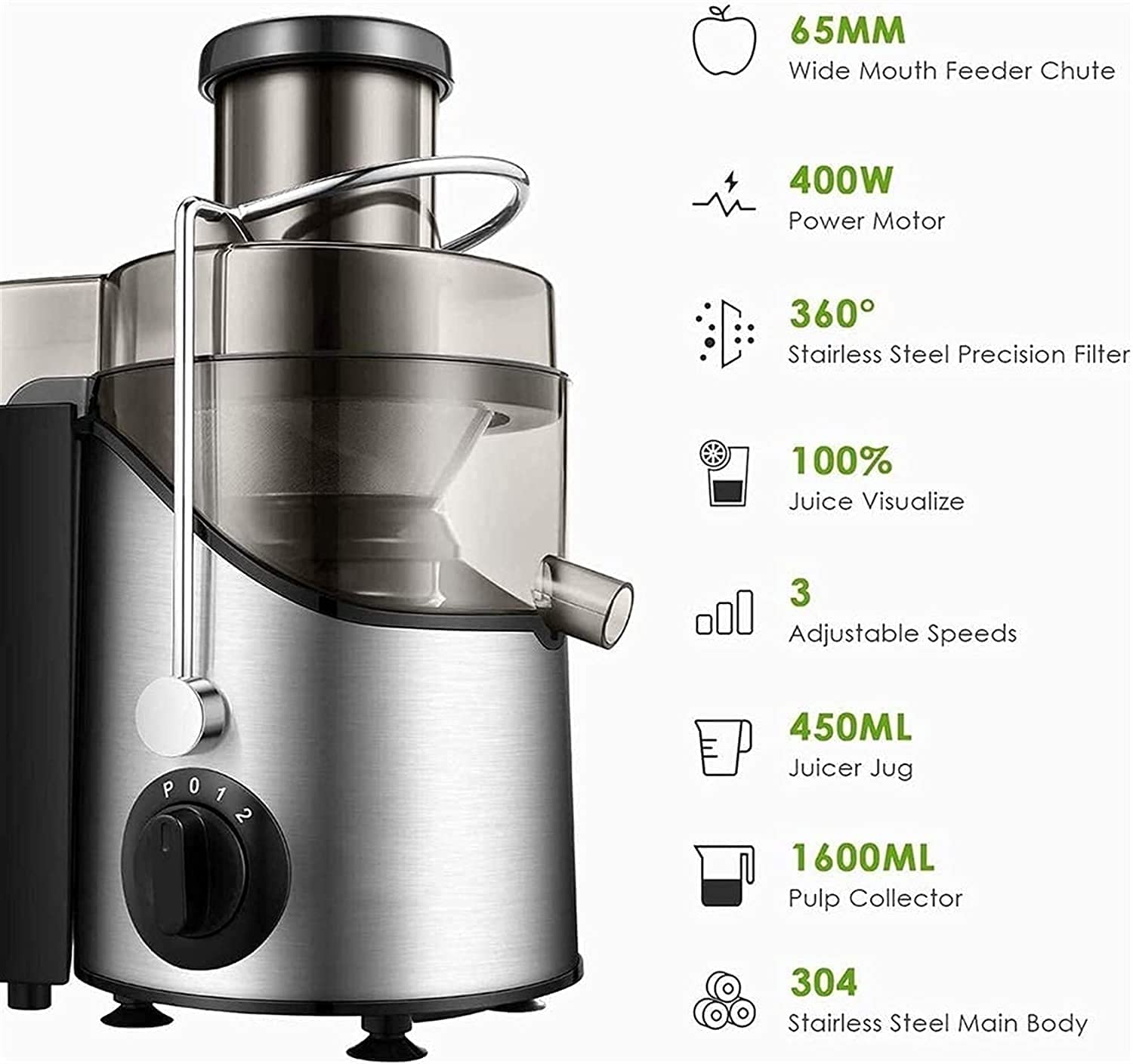 Estrattore di Succo, estrattore di Succo da 400 W con Bocca Larga da 3" per Frutta e Verdura, Facile da Pulire, Acciaio Inossidabile,