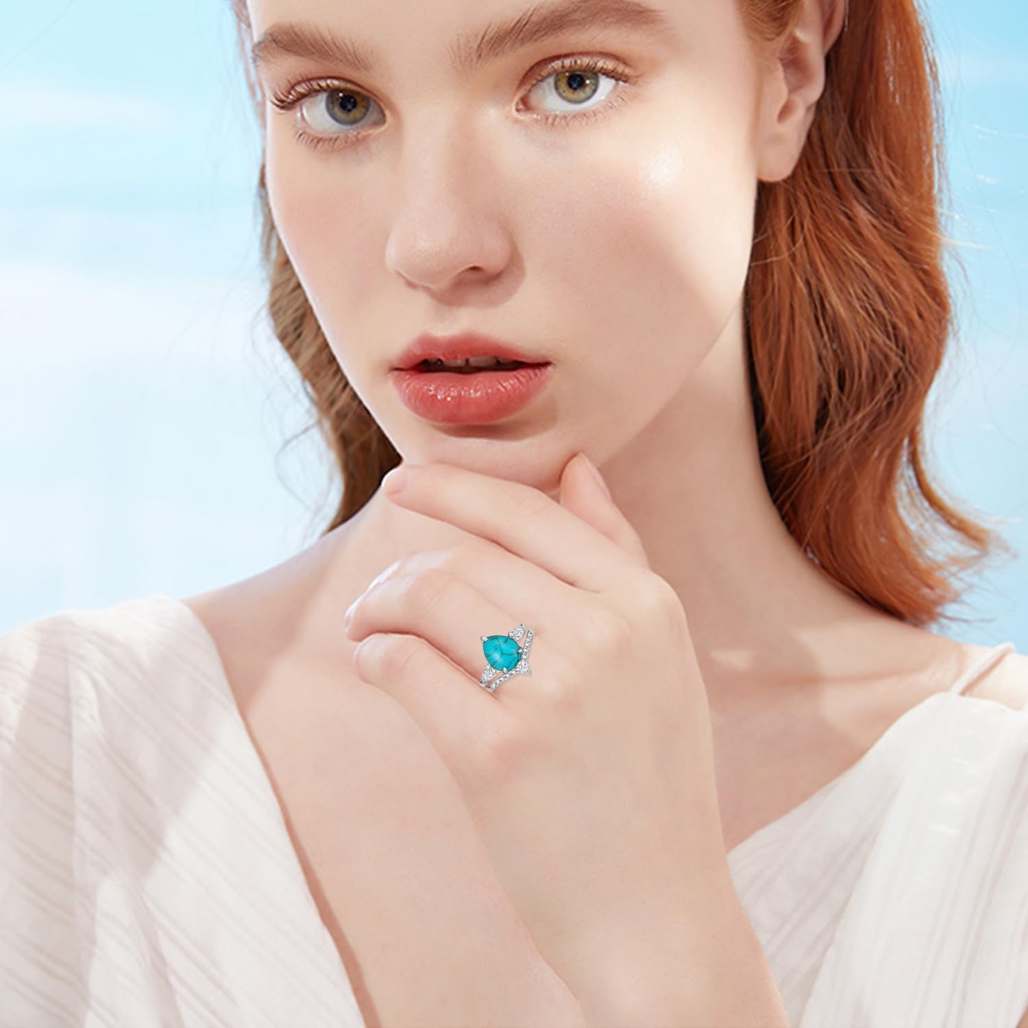 Genuine Sterling Silver Turquoise Wedding Ring Set - Real Turquoise Engagement Rings for Women - Image 5