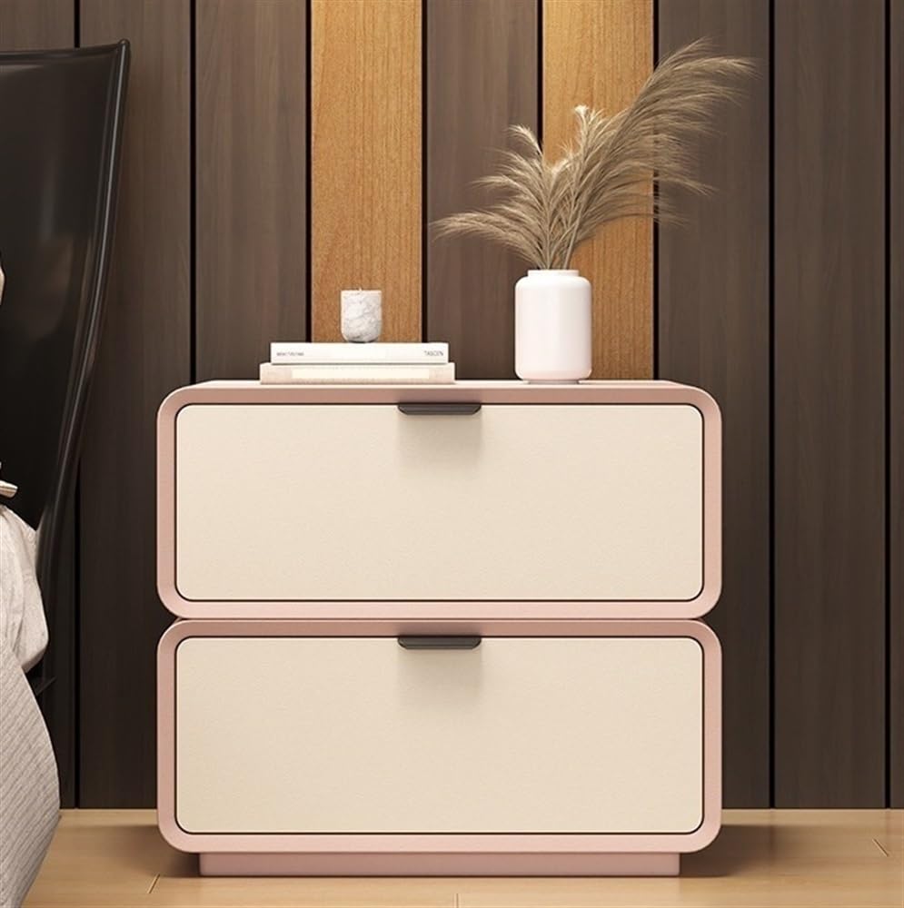 Table de nuit en bois massif et cuir rose pour petite chambre