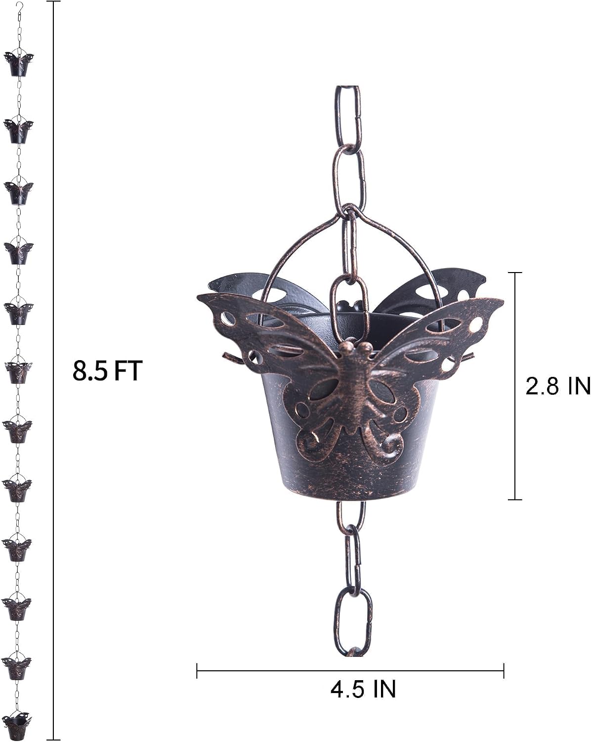 DUSVALLY Metal Butterfly Rain Chain, Functional & Decorative Replacement for Gutter Downspouts, 12 Cups, Easy Install rain Chain, for Backyard Patio Yard Cottage Garden, Adjustable Length- 8.5FT