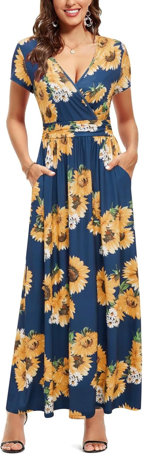 OUGES Women's Summer Spring Maxi Dress V Neck Short/Long Sleeve Ladies Casual Long Wrap Dress with Pockets