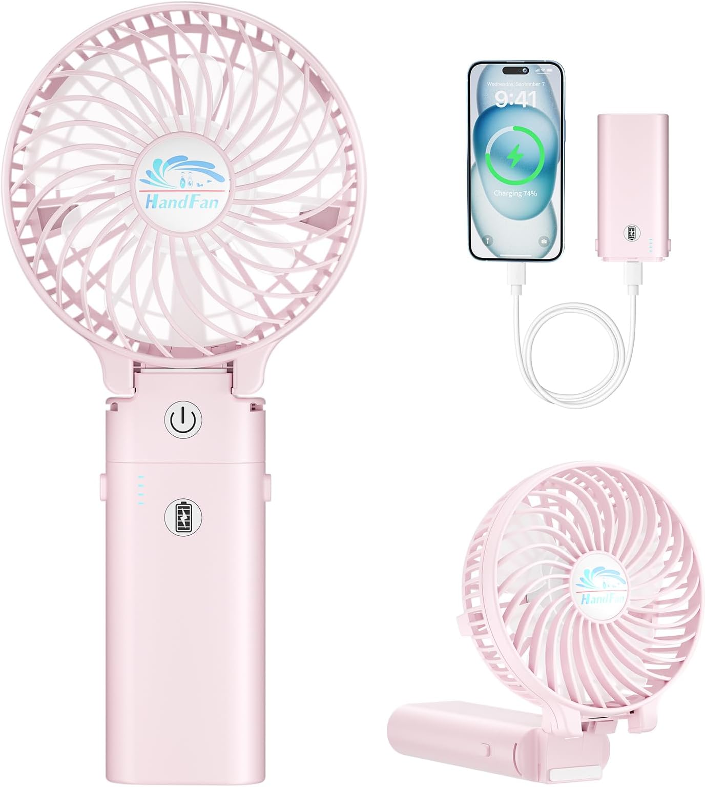 HandFan 5200mAh Handheld Fan 3 Speeds,Portable 180°Foldable Battery Operated Power Bank Function & Desktop & Rechargeable Personal Fan 3-in-1Strong Airflow for Outdoor Camping Stroller