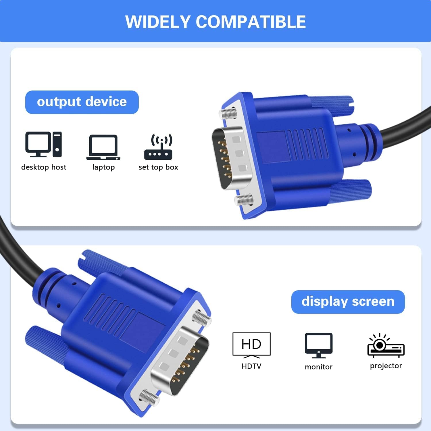 VGA to VGA Monitor Cable 15 Pin Male to Male Computer Cord Support 1080P Full HD for Laptop TV Projector - 6 Feet(10 Pack)