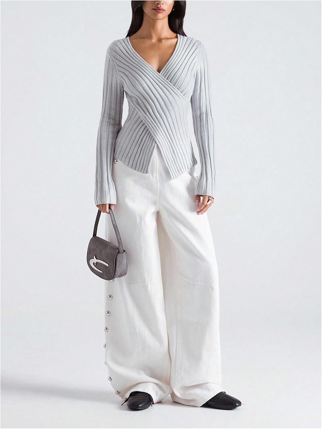 Milumia Women's Casual V Neck Long Sleeve Sweater Cross Wrap Ribbed Knit Going Out Tops - Image 5