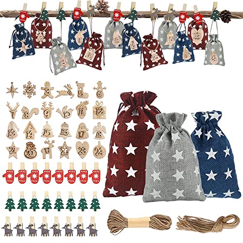 JTgugu 24 Stück Adventskalender zum Befüllen Säckchen Adventskalender Jutesäckchen Weihnachtskalender Tüten mit Digitales Etikett Holzklammern Hanfseil für Kinder Junge Männer Cover