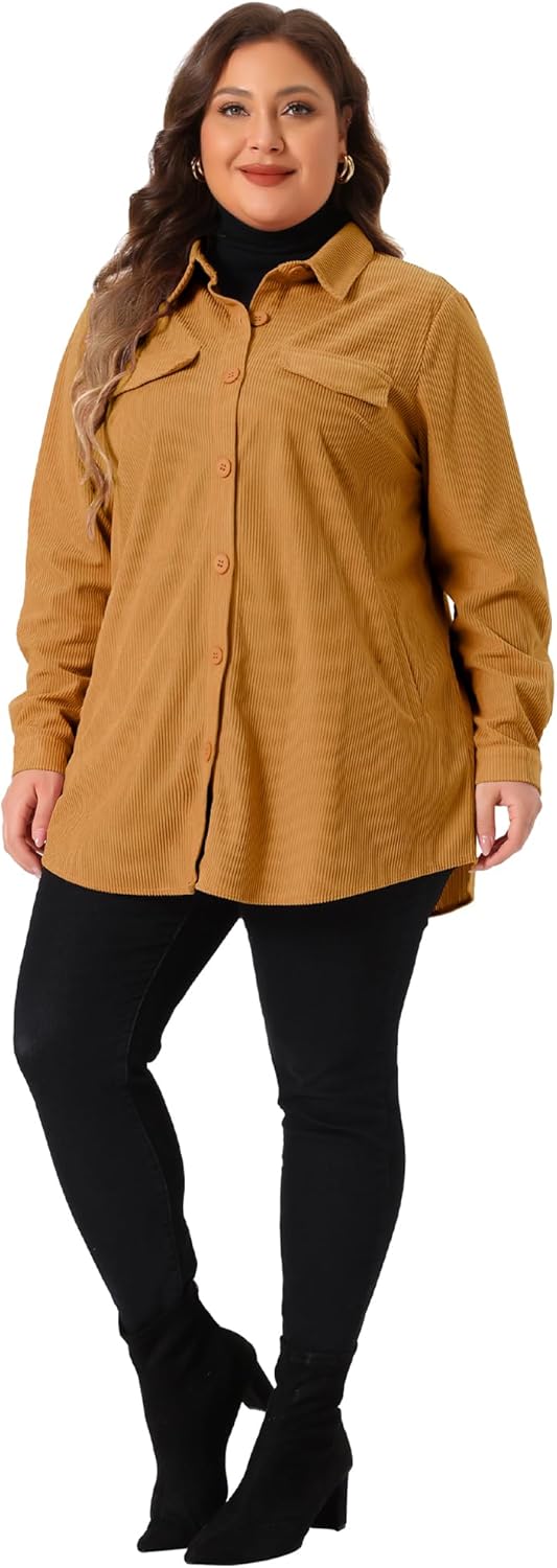 Agnes Orinda Plus Size Women's Corduroy Shirts Long Sleeve Button Down with Pocket Long Shackets Jacket
