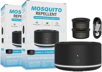 Virine Mosquito Repeller 2 Pack, Portable Mosquito Repellent Devices with 4 Refills, Fan-Powered Diffusion Mosquito Deterrent for Patio, Camping and Outdoor Use, USB-C Charging, Adapter Not Included