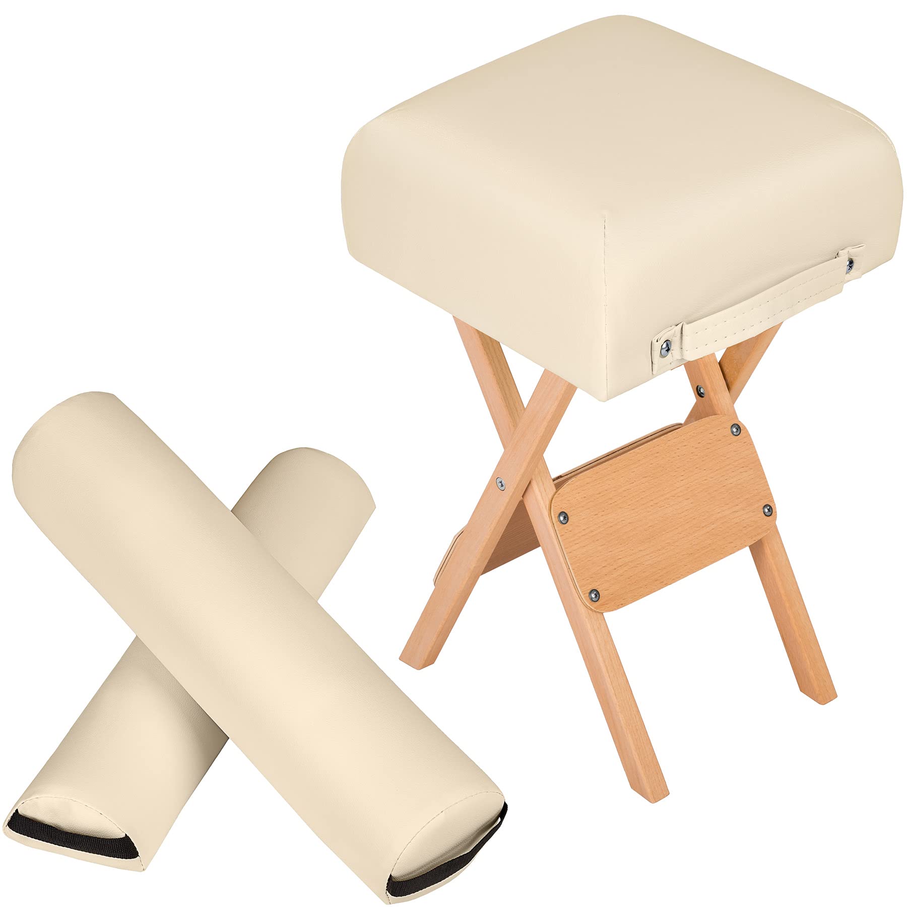 tectake® Taburete Plegable portatil con Asiento Acolchado y Funda de Cuero sintético, Accesorios Camilla Masaje Plegable, Ideal para Camilla estetica y Camilla Plegable Fisioterapia - Beige