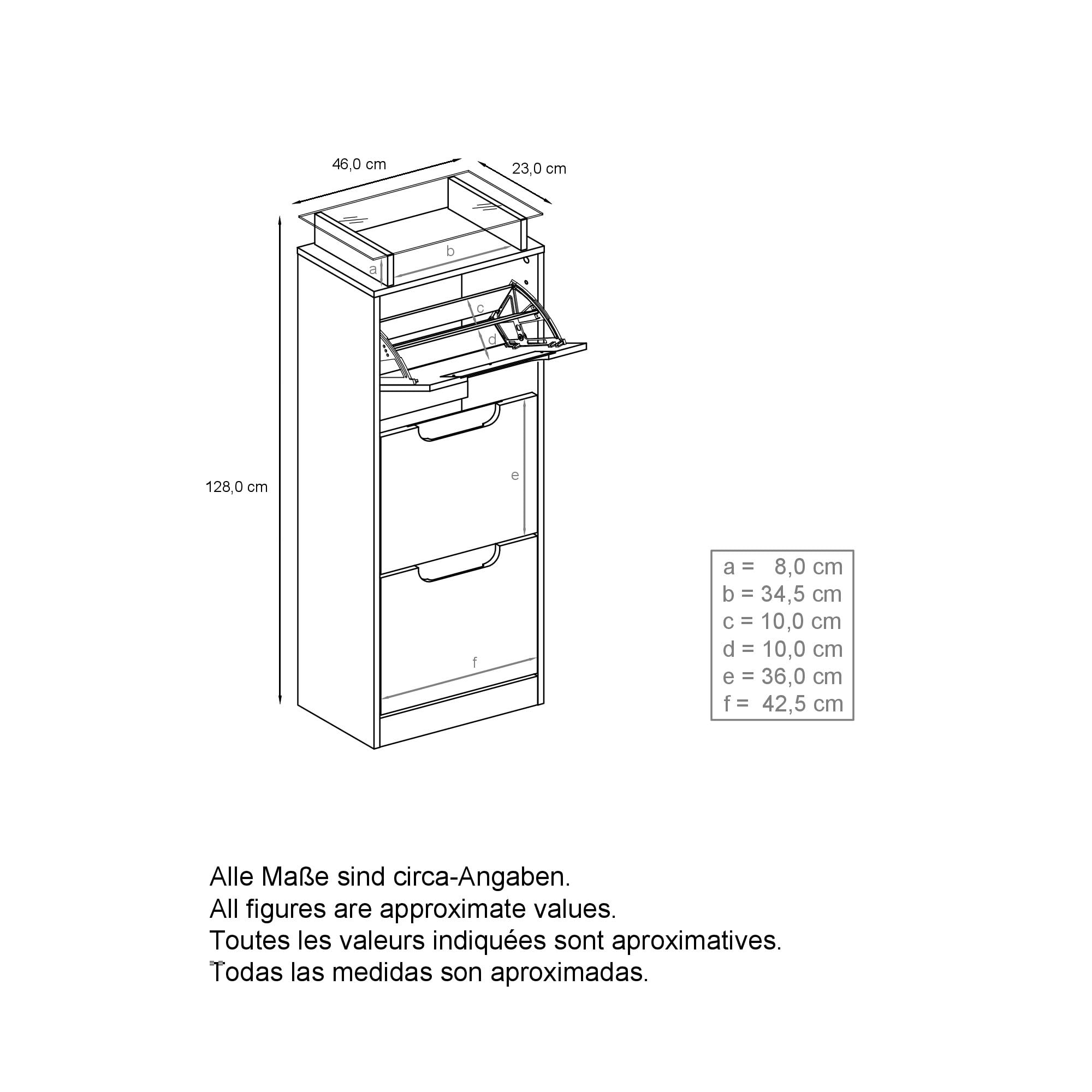 Vladon Schuhschrank Space V2, Schuhkipper für 12 Paar Schuhe mit 3 Klappen und Glasablage, Weiß matt/Schwarz Hochglanz (46 x 128 x 23 cm)