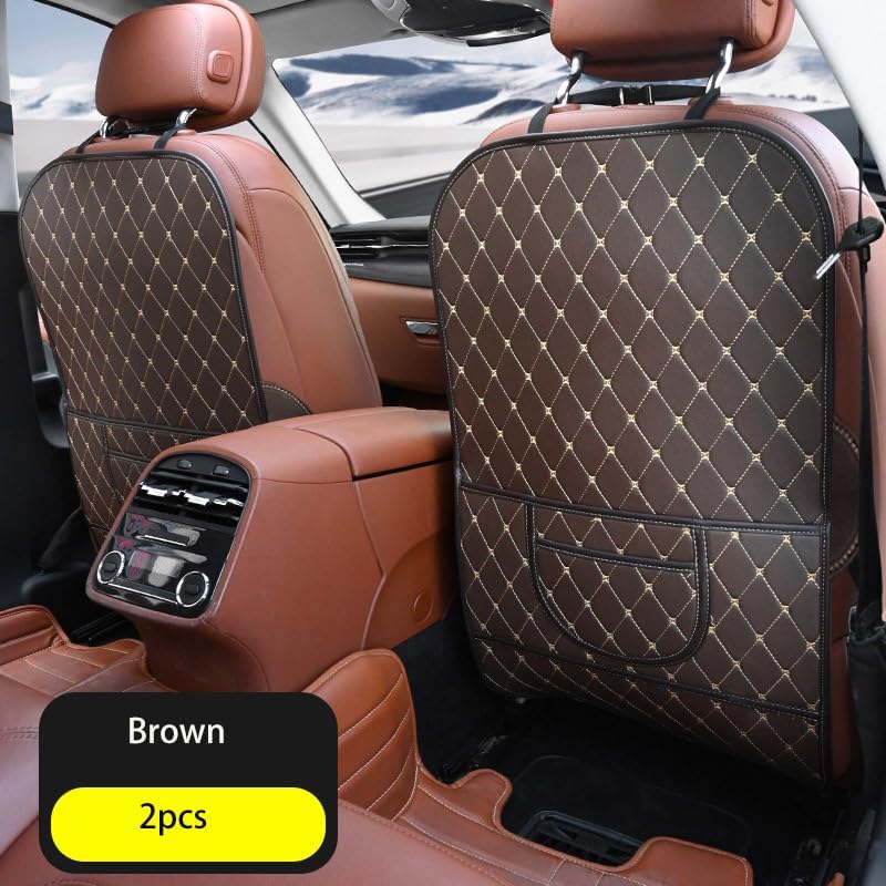 SUTSU Kick Mats Back Seat Protector 2 Pack Car Back Seat Cover Premium Fabric Odor Free Protect Your Leather Seat with 2 Storage Pocket (Brown)