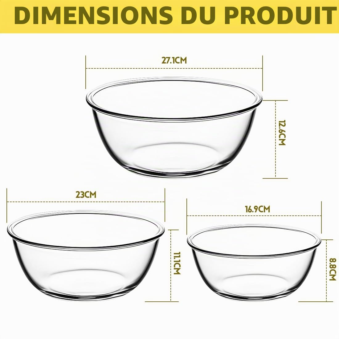 Lot de 3 Bols Mélangeurs en Verre Borosilicate 1050 ml+2700 ml+4400 ml avec Couvercle Hermétique Sans BPA Compatibles Micro-ondes Lave-Vaisselle Empilables pour Gagner de la Place