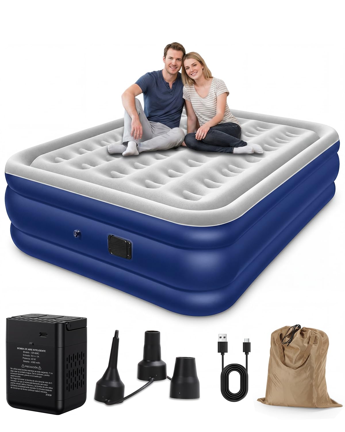 Spopal Colchón Hinchable, [200x152x40cm] Grande Colchón Inflable Equipado con Bomba Autoinflable Eléctrica, Máx 450KG, Doble Camas Hinchables para Uso doméstico y de Invitados y Camping