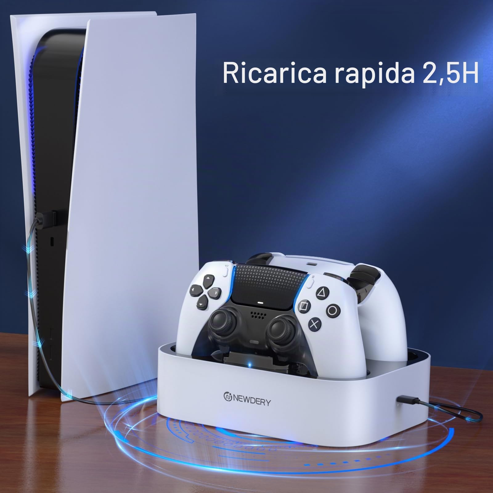 NEWDERY Stazione di ricarica per controller PS5 Dual-Sense Edge & PS5, docking a ricarica rapida, supporto per controller Play-Station 5 Edge & PS5 con indicatori luminosi a LED