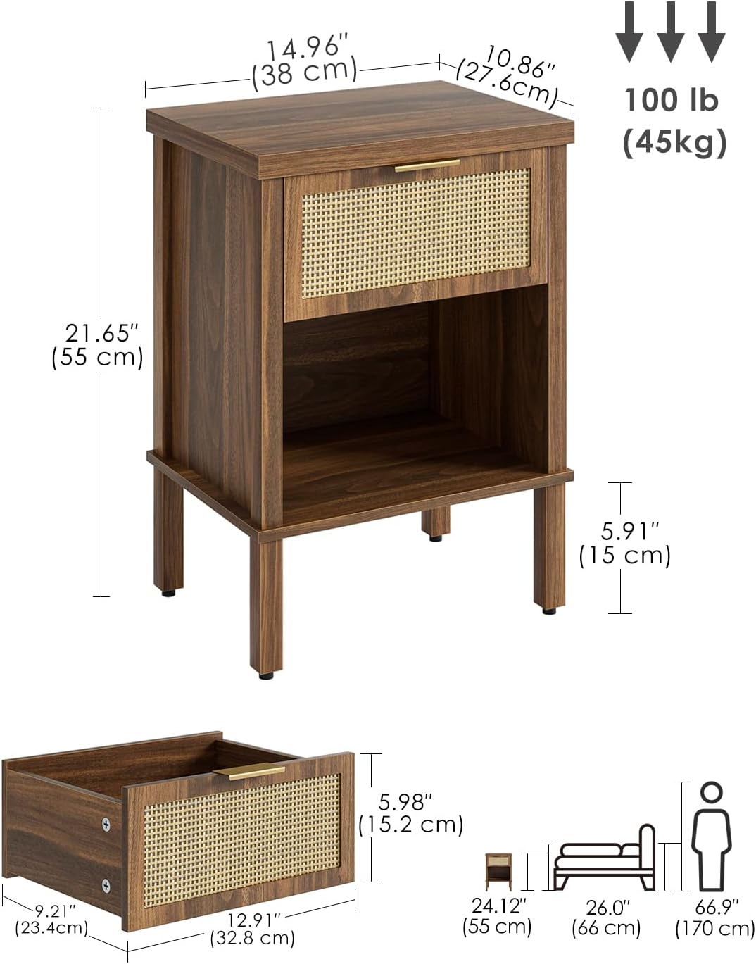 Rattan Nightstand with Drawer and Open Shelf, Boho Side Table with Gold Handle, Small Night Stand, Modern Bedside Table for Bedroom, Walnut