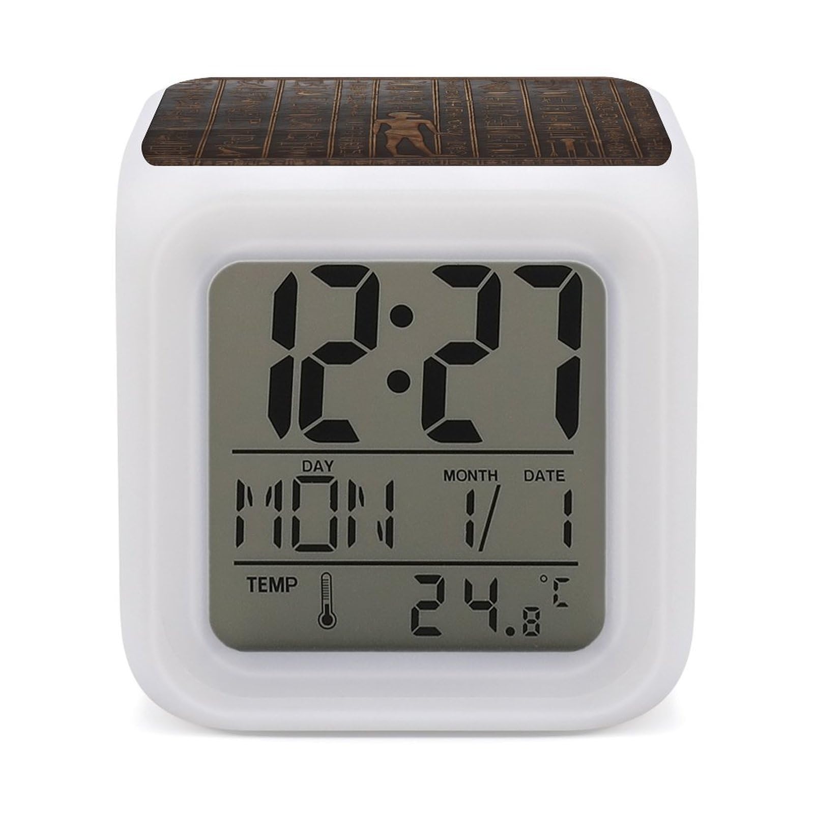 VstaDank Ancient Egyptian Hieroglyph Alarm Clock with 7 Color Changing Night Light Date Temp Display Wake Clocks LED Display Digital Clock Electric Desk Clocks for Living Office Bedroom Decor