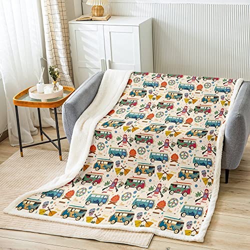Loussiesd Kids Great Camping Fleece Throw Blanket Colorful Camper Sherpa Blanket Boys Rustic Camping Van RV Plush Blanket Farmhouse Fuzzy Blanket for Sofa Bed,Single 50x60 Inch