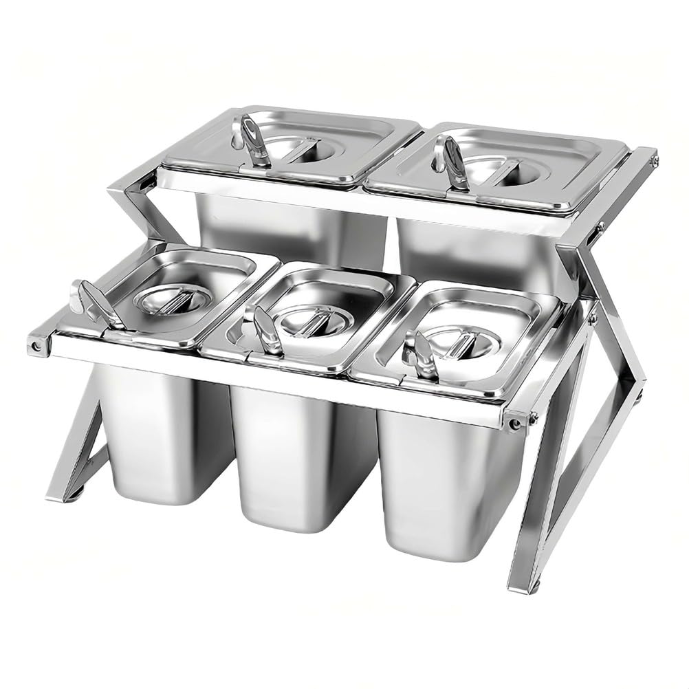Aycdl Silver Spice Organizer - Double Layer Stainless Steel Storage Rack With Lids And Spoons For Efficient Ingredient Prep,-04