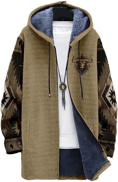 Men's Long Cardigan Hoodies Aztec Cowboys Hooded Jackets Zip up Western Fleece Winter Coats with Pockets