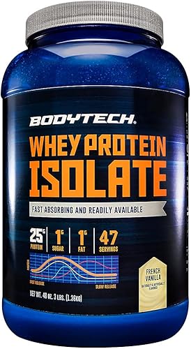 BODYTECH Polvo aislado de proteína de suero de leche, con 0.88 onzas de proteína por porción y BCAA, ideal para la construcción muscular y