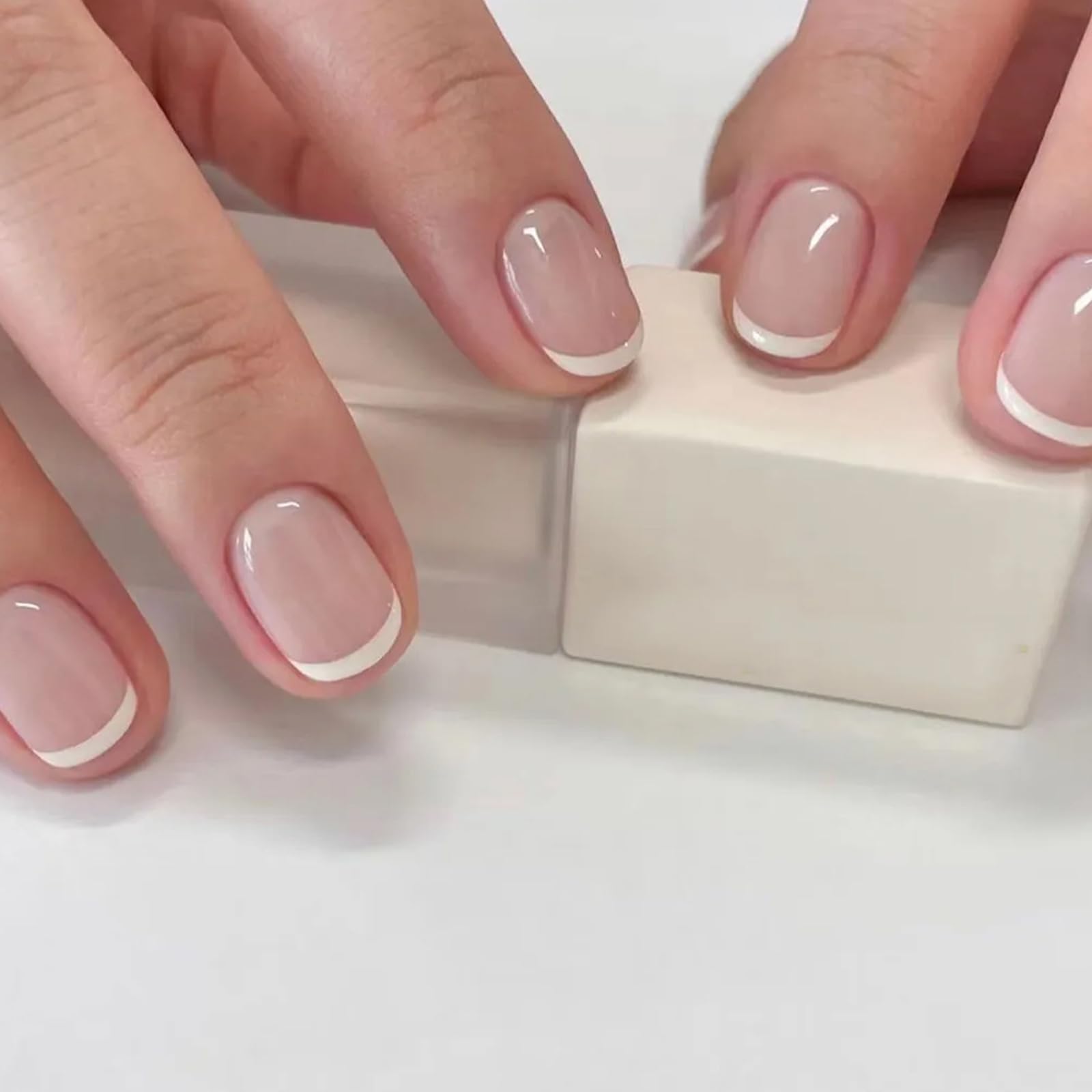 24 Piezas Uñas Postizas Cuadradas Cortas Francesas Bailarina Uñas Falsas Blanco Borde Acrilicas Nude Press on Nails Cobertura Completa Artificiales Uñas para Mujeres Niñas Decoración Arte de Uñas