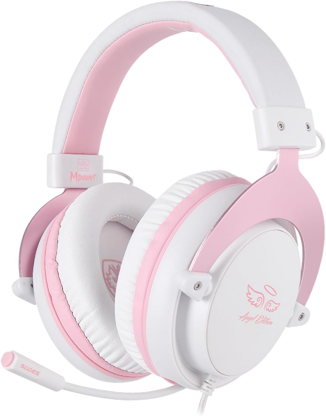 USOTSO MPOWER Stereo Gaming Headset for PS4, PC, Mobile, Noise Cancelling Over Ear Headphones with Retractable Flexible Mic & Soft Memory Earmuffs for Laptop Mac Games-Angel Edition