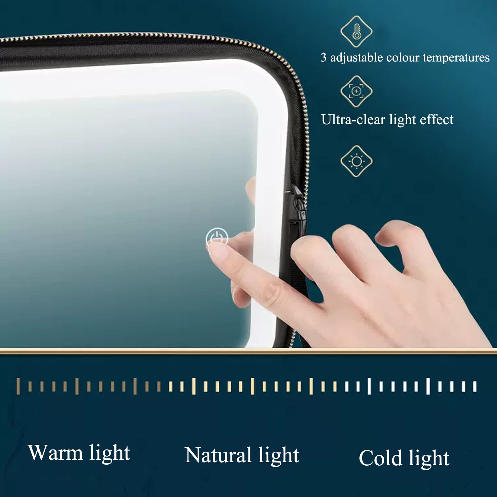 Valigetta per il trucco da viaggio, organizer per cosmetici, borsa portaoggetti portatile per artisti, specchio con luce LED intelligente, tre luci, interruttore touch screen, borsa per il trucco da