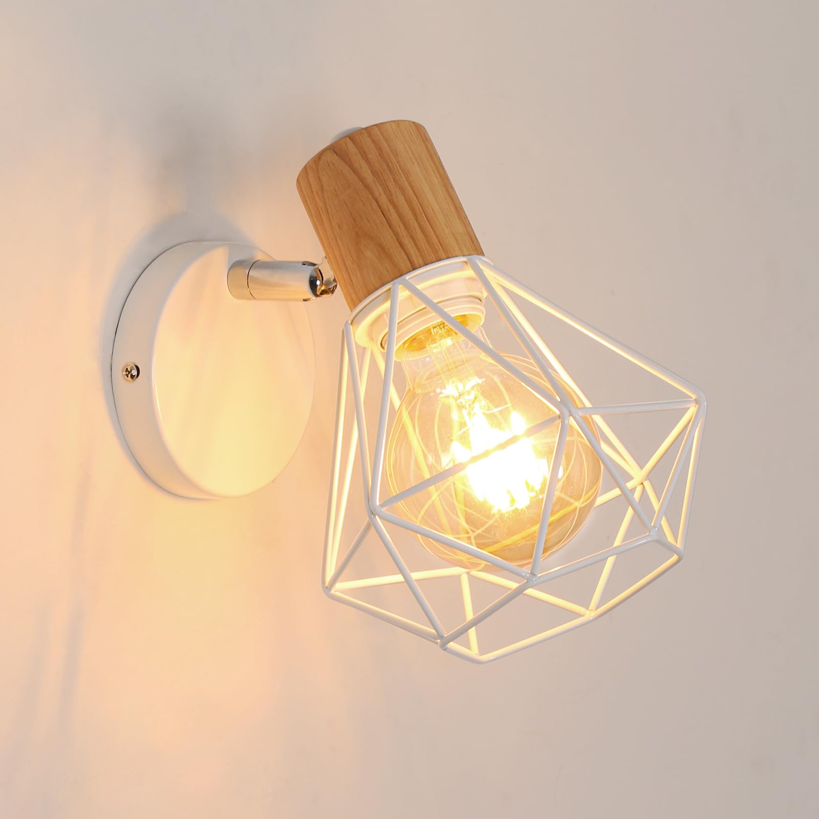Lámparas de Pared Vintage, 350° Giratorio Ajustable Aplique Pared Madera, Luz de Pared Jaula Metal Hierro E27 para Dormitorio Pasillo Salón, Max 60W, Blanco(Bombilla no Incluida)