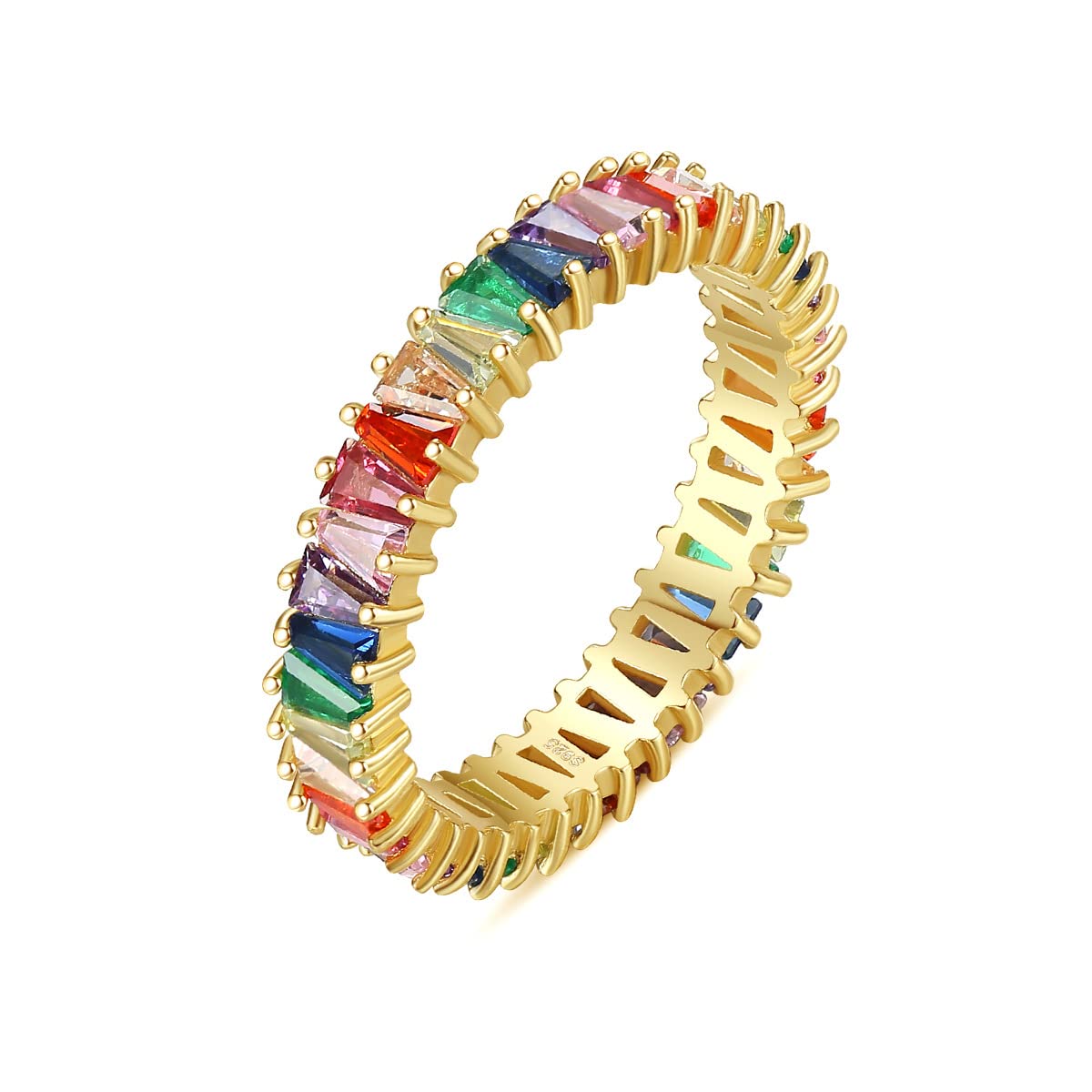 925 Sterling Silver Cubic Zirconia Colorful Rainbow Ring for Women, Multicolor CZ Zircon Gemstone Pave 18K Gold Plated Stackable Eternity Engagement Band Costume Jewelry with Gift Box