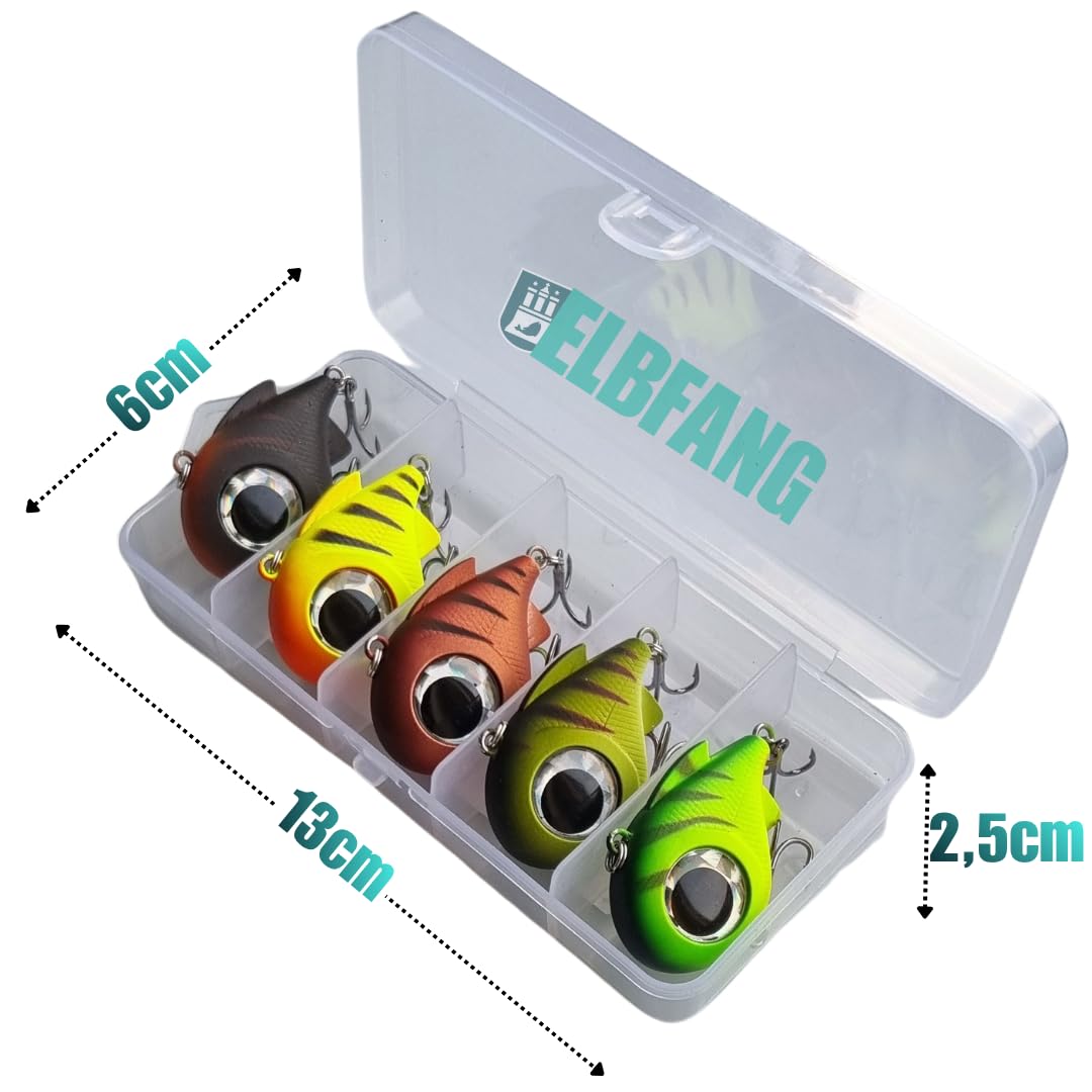 HyperEye Box - 5 Leurres à Crankbaits sans lèvres | 4,5 cm - 8,5 g | Coulant lentement | Kit de leurres vibrants pour perche, sandre et brochet | Boîte de pêche premium incluse
