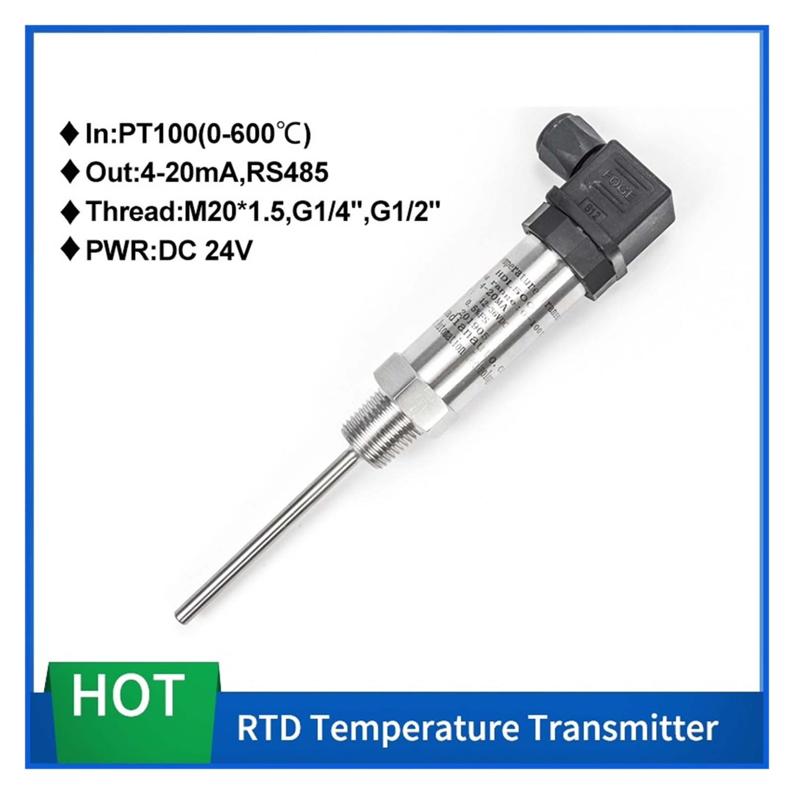 Sensor de Temperatura PT100 de 4-20 mA con Pantalla(0-250 Degree 4-20mA)
