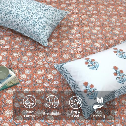 Image of TOAI Hand Block Printed Bedsheet | Bed Spread Flatsheet Bed Sheet | Pure Cotton | Queen Size 90 inchx108 inch | 300 TC Long Staple Cotton | 2 Reversible Pillow Covers |Floral Vines on Rust
