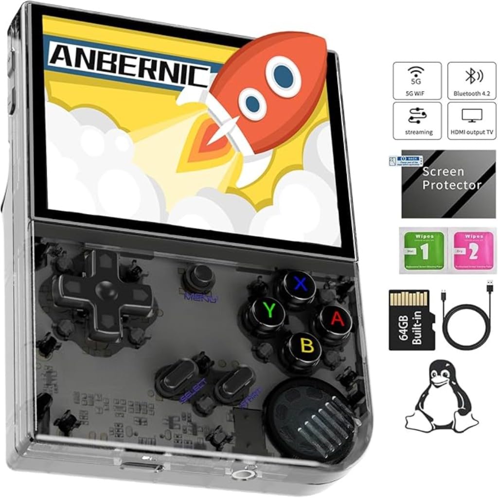 Anber-nic RG35XX Plus Handheld Game Console, 3.5'' IPS Screen 64GB Preloaded Retro Gaming System, 3300mAh Battery, Dual TF Expansion, 30+ Emulators, WiFi, Bluetooth (Black)-image-4