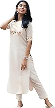 eightone Women's Cotton Kurti with Floral Embroidery and Pant Set for Women, Embroidered Three Quarter Sleeve & Single Side Pocket Pant,Cream White, Ankle Length.