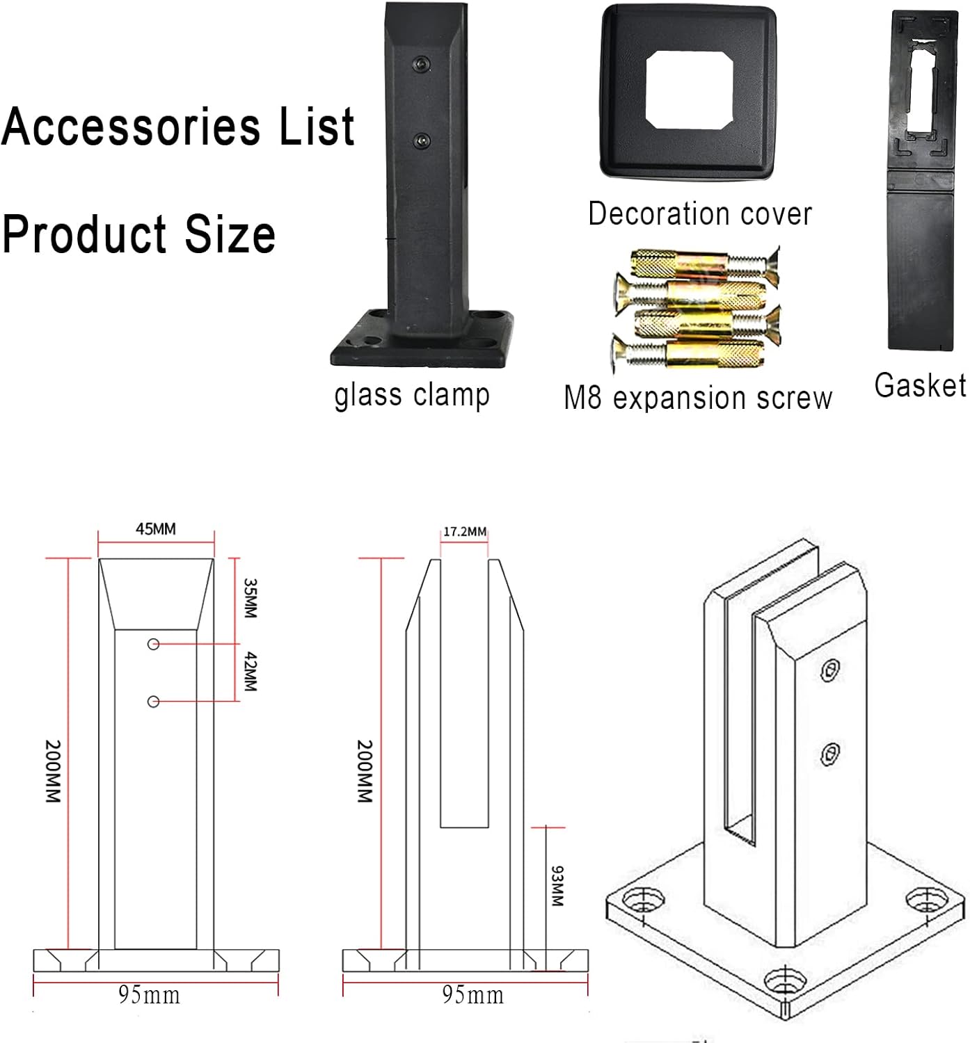 Glass Pool Fence Clamp Brackets, 304 Stainless Steel Glass Railing Spigots, Heavy Duty 2205 Glass Pool Fence Clamp, Floor Mounted Bracket,Matte Black,1PCS