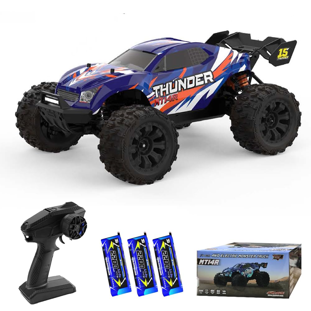 Teeggi Coche teledirigido 1/14 para Adultos, 100 km/h de Velocidad máxima, Motor sin escobillas 3S RC Car de Alta Velocidad Offroad Drift Carreras, 4WD Off Road Race Buggy, 3 Pilas (Azul)