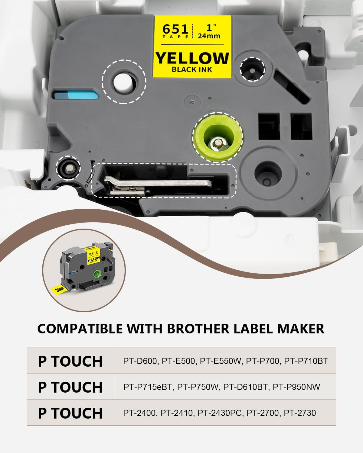 5-Pack Compatible for Brother Tze-651 24mm 0.94" Laminated Yellow Tape | Tze651 Tz651 Tz-651 1 Inch P Touch Tze Tz Tape 24mm 0.94" Black on Yellow Label for PTD600 PTP700 PT2730 PTP750W