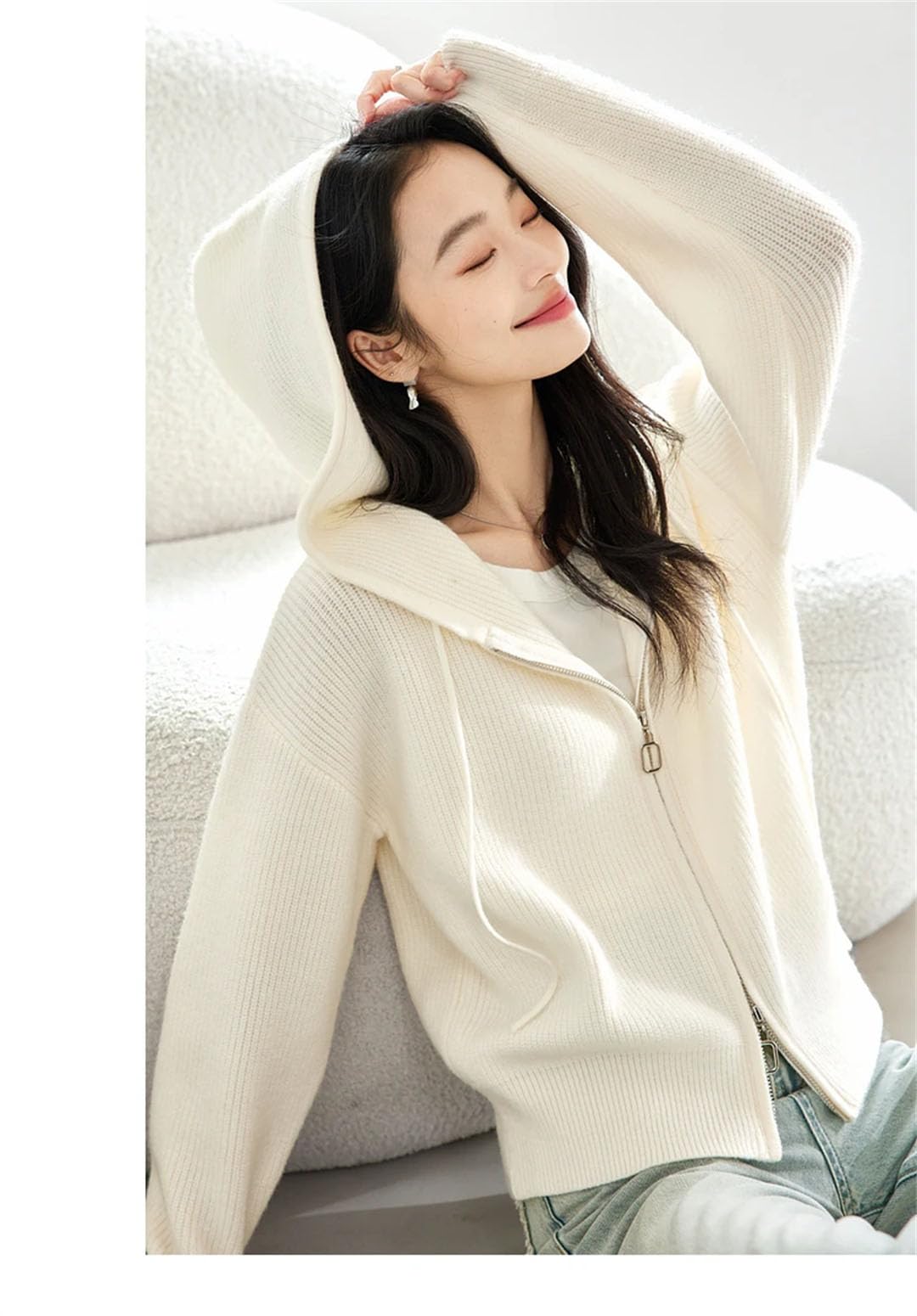 Cárdigan de punto simple con capucha para mujer, chaqueta con cremallera, abrigo sólido para viajeros perezosos